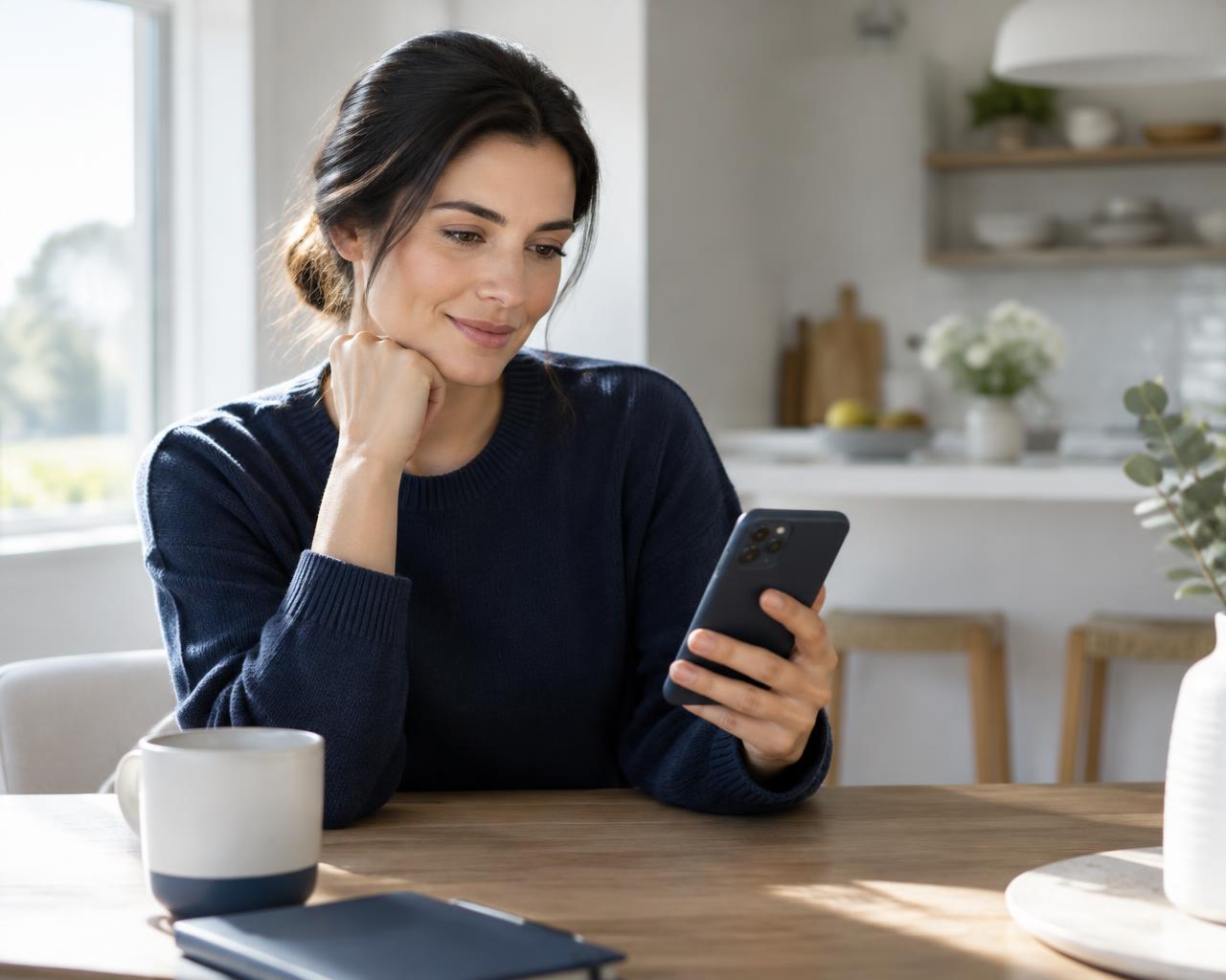 Customer checking her accounts on a phone at home